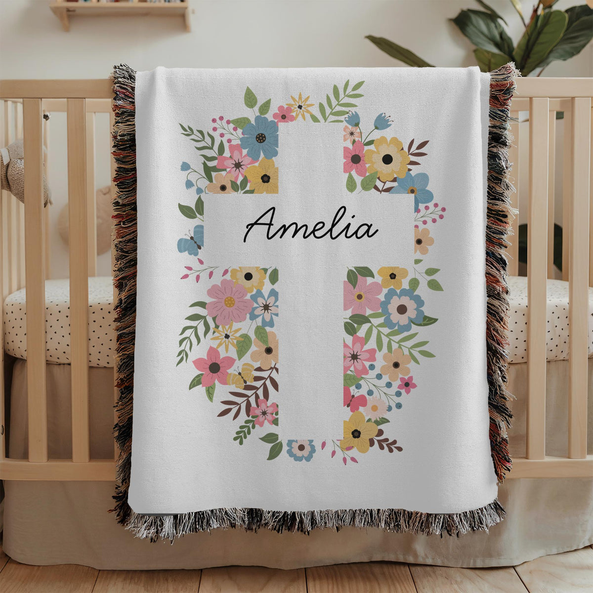 Personalized Floral Cross Baby Blanket: Woven Christening Gift