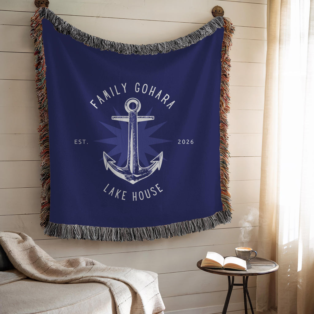 Personalized Lake House Throw Blanket: Nautical Anchor Woven Cabin Decor