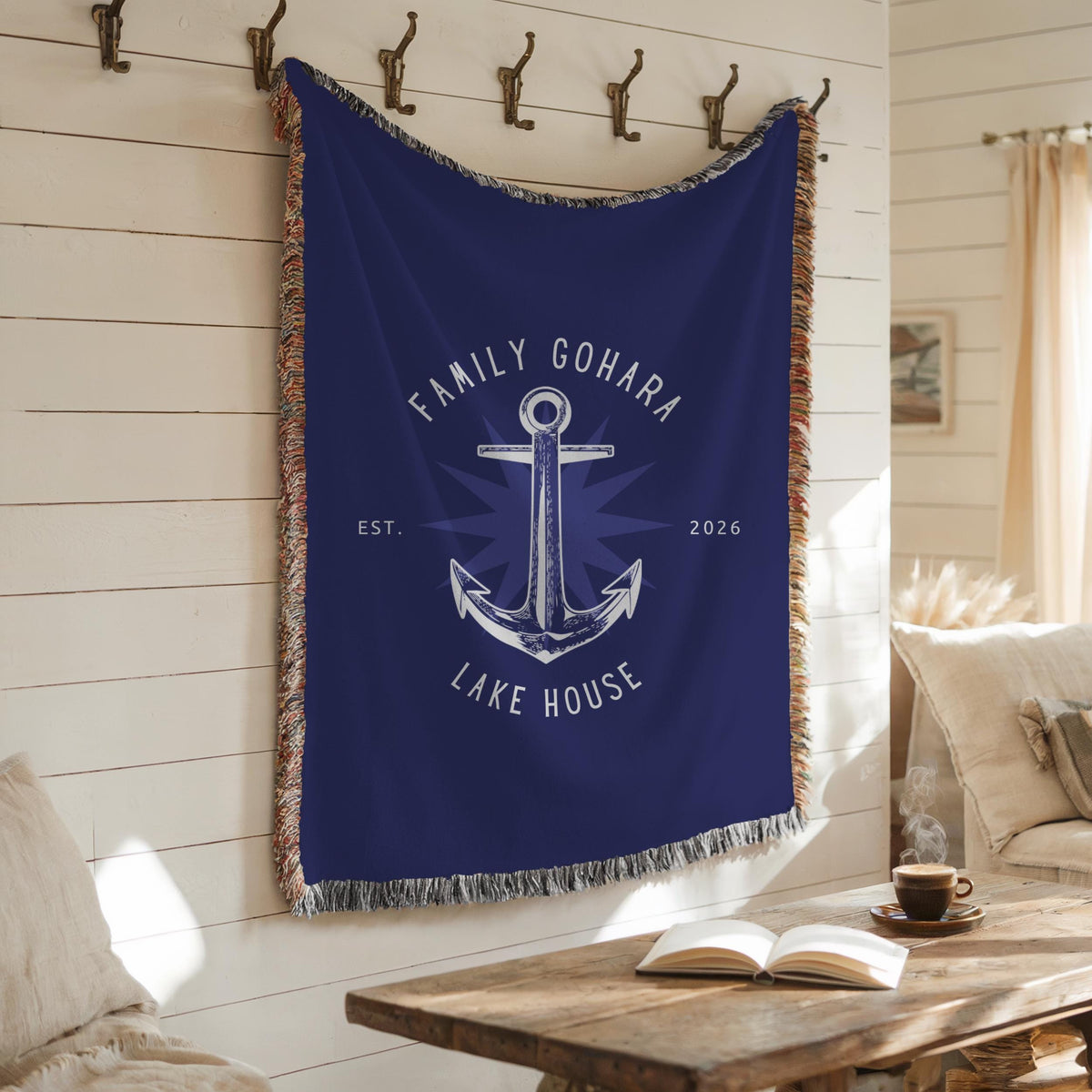Personalized Lake House Throw Blanket: Nautical Anchor Woven Cabin Decor