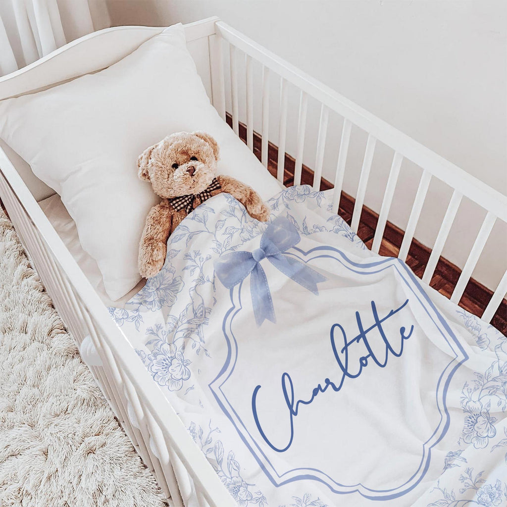 Personalized Baby Girl Blanket: Blue Floral Bow, Custom Name