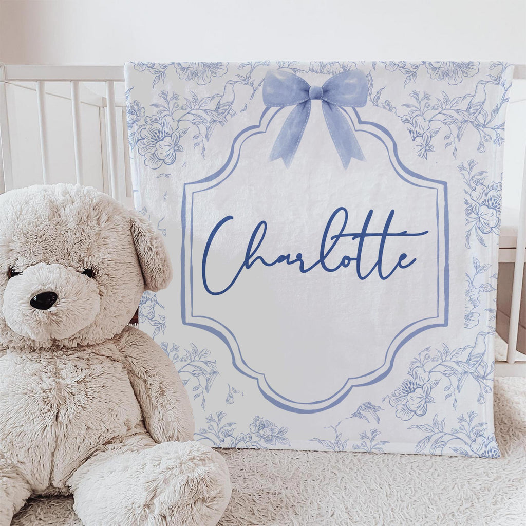 Personalized Baby Girl Blanket: Blue Floral Bow, Custom Name