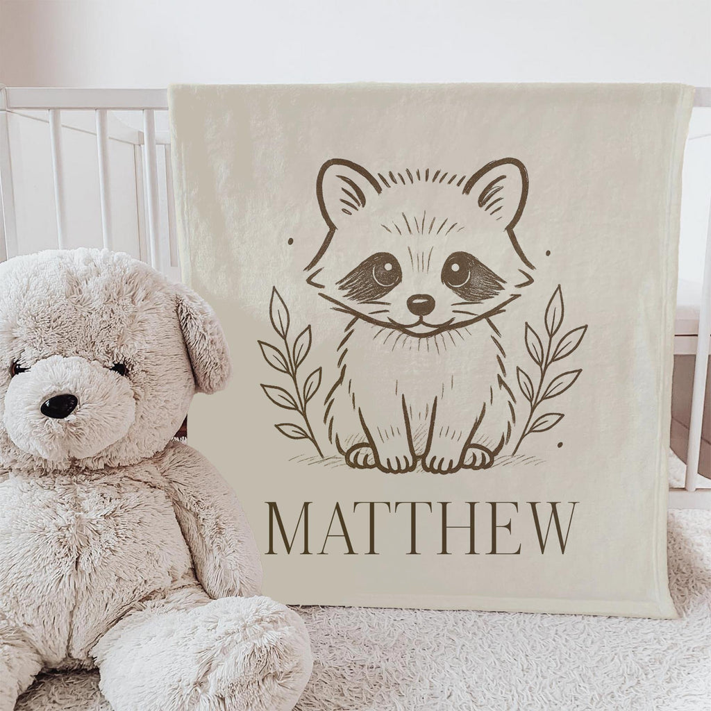 Personalized Woodland Baby Blanket: Neutral Nursery Decor, Raccoon, Bunny, or Deer