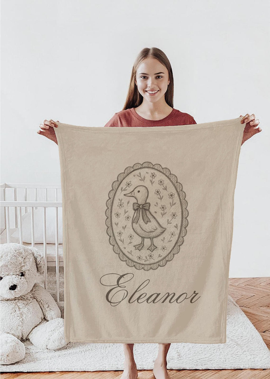 Personalized Vintage Duck Baby Blanket – Custom Name Sketch Blanket for Nursery