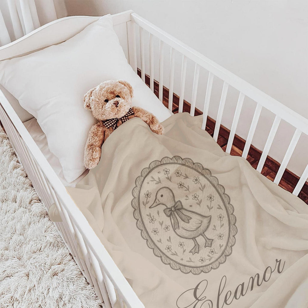Personalized Vintage Duck Baby Blanket – Custom Name Sketch Blanket for Nursery