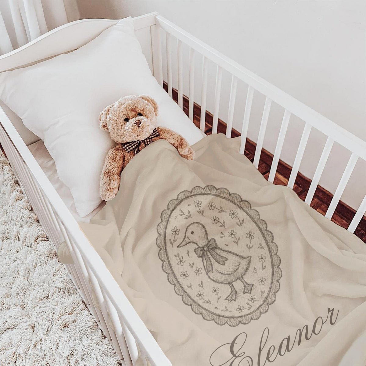 Personalized Vintage Duck Baby Blanket – Custom Name Sketch Blanket for Nursery