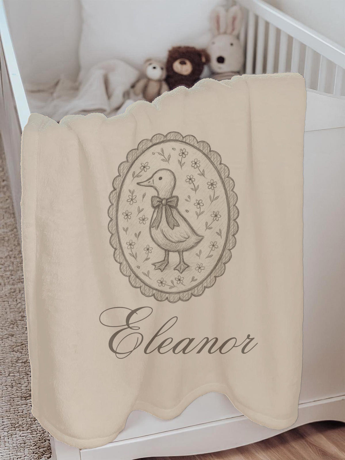 Personalized Vintage Duck Baby Blanket – Custom Name Sketch Blanket for Nursery