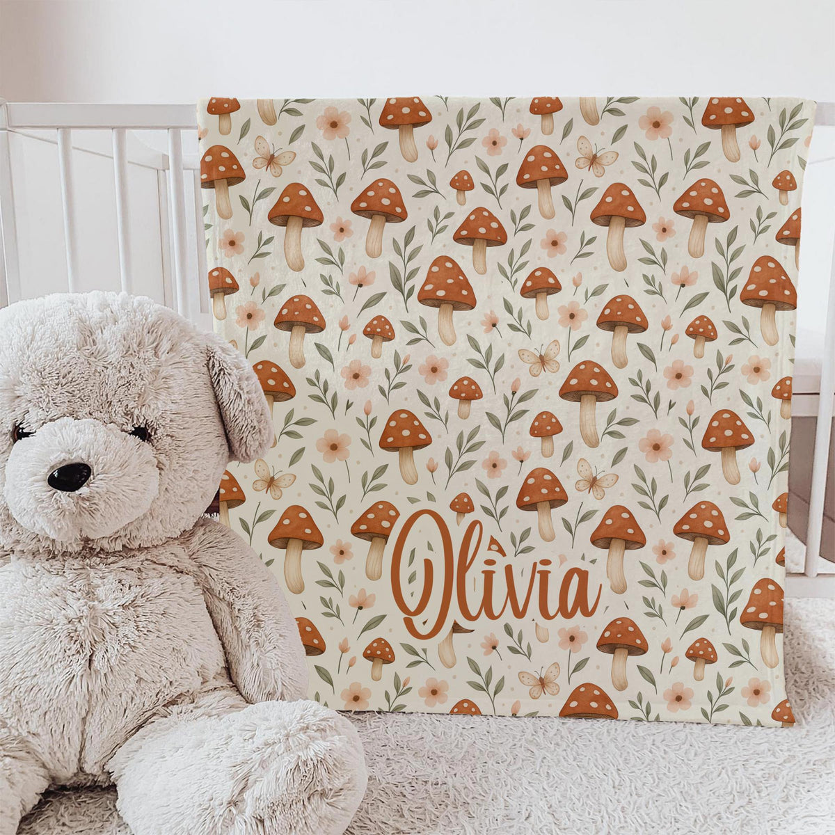 Personalized Mushroom Baby Blanket – Woodland Name Blanket with Butterflies & Florals