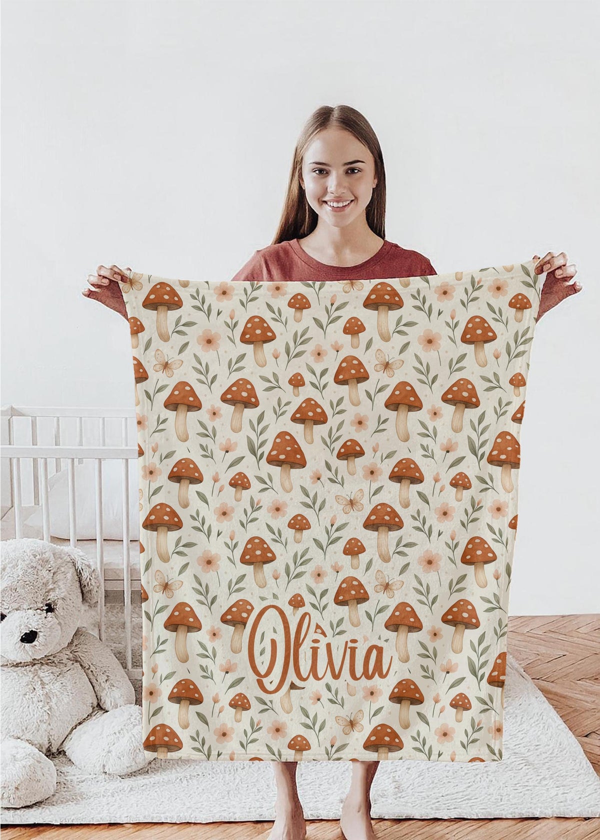 Personalized Mushroom Baby Blanket – Woodland Name Blanket with Butterflies & Florals