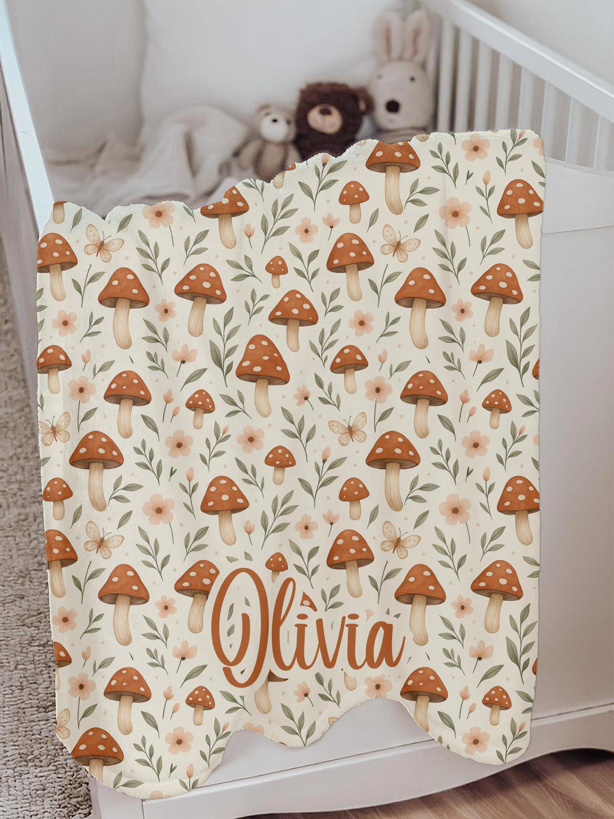 Personalized Mushroom Baby Blanket – Woodland Name Blanket with Butterflies & Florals