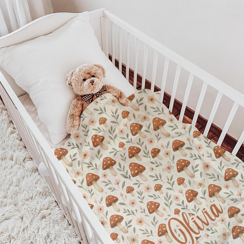 Personalized Mushroom Baby Blanket – Woodland Name Blanket with Butterflies & Florals
