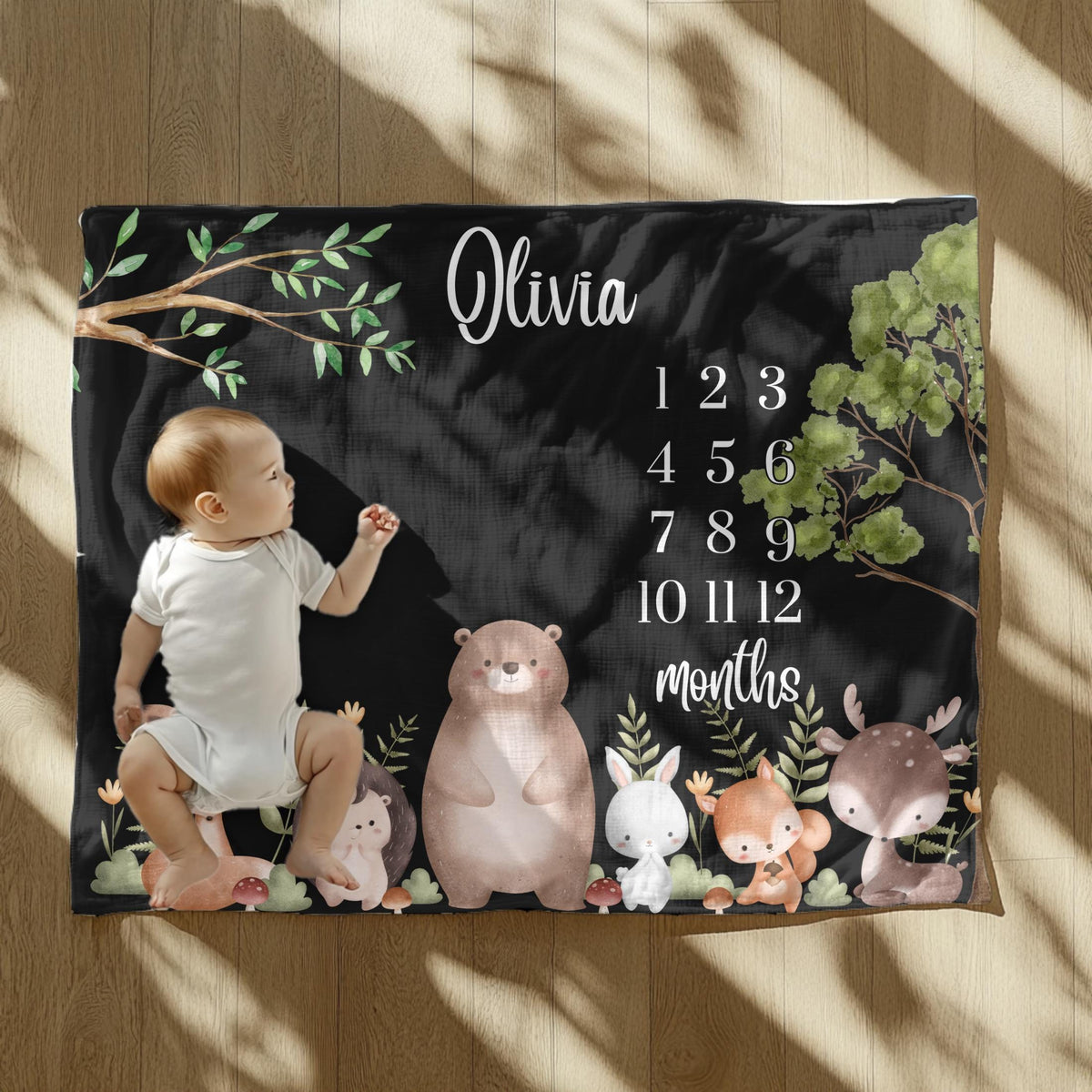 Personalized Woodland Baby Milestone Blanket: Forest Animals Photo Prop