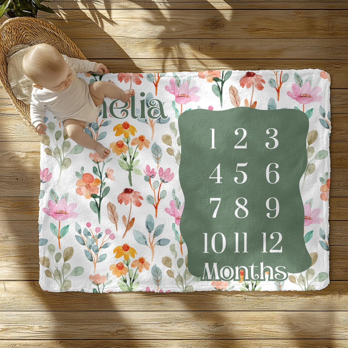 Personalized Floral Baby Milestone Blanket: Custom Name Photo Prop