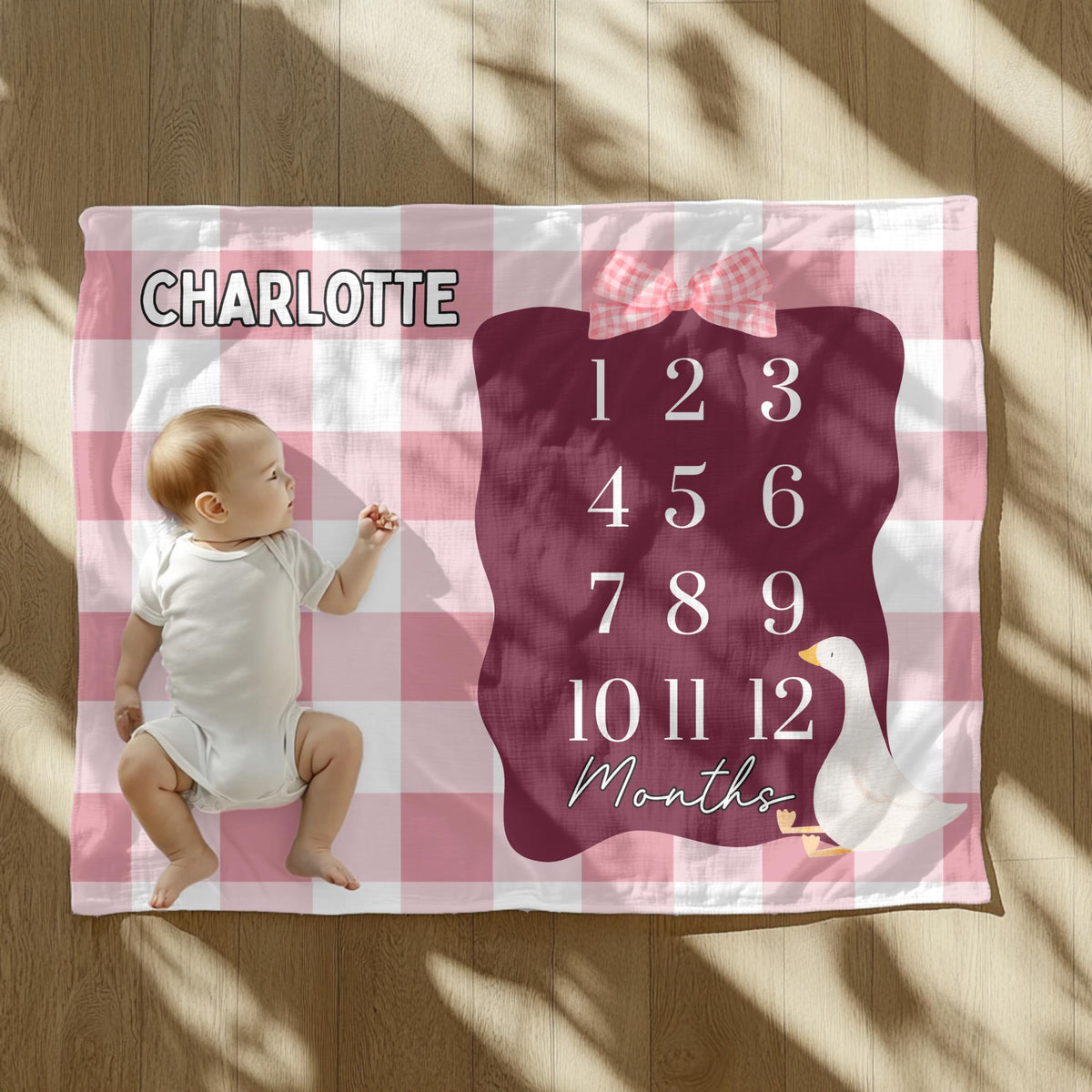 Personalized Baby Milestone Blanket: Pink Gingham Goose, Cottagecore Photo Prop