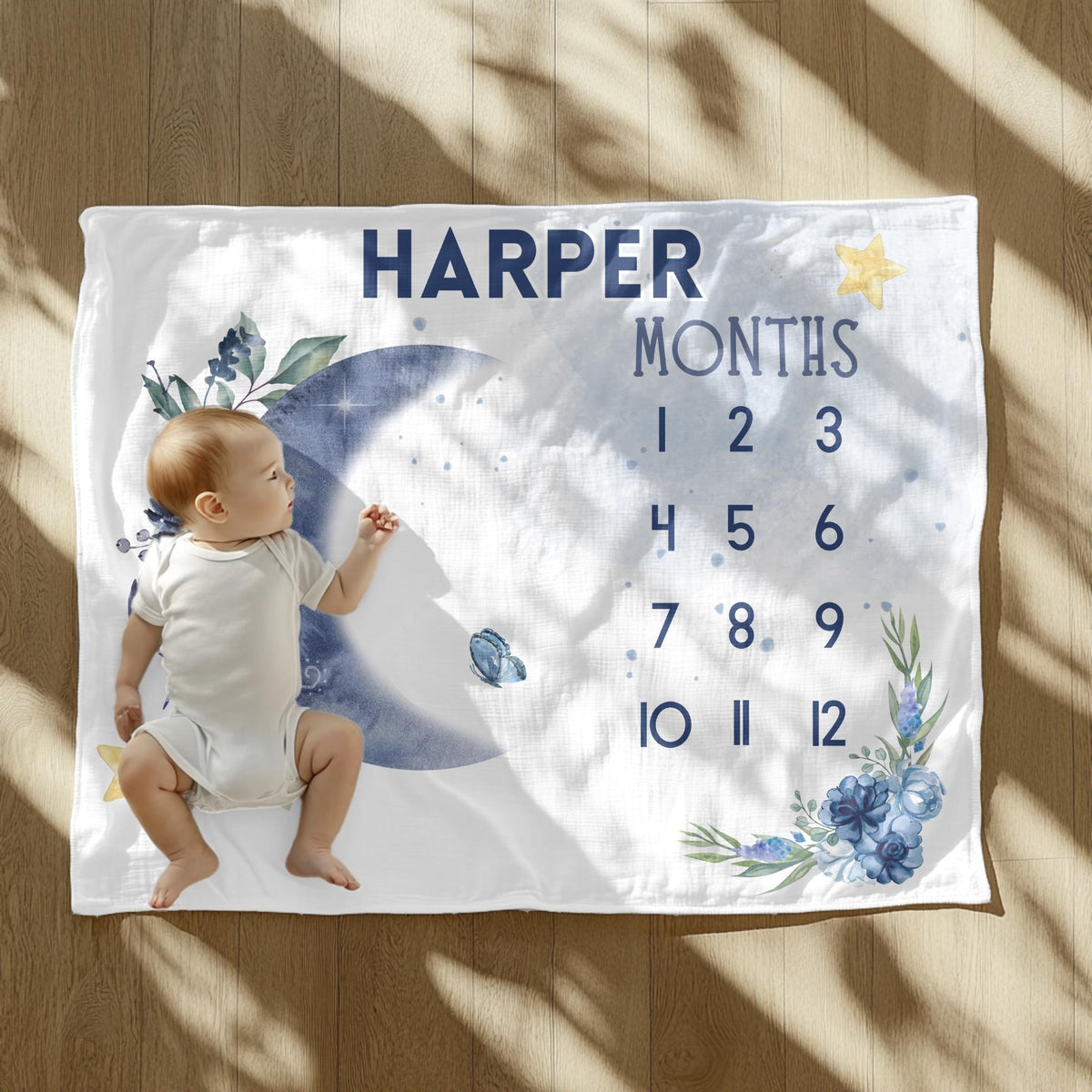 Personalized Moon & Stars Baby Milestone Blanket – Custom Name Monthly Tracker for Boys or Girls