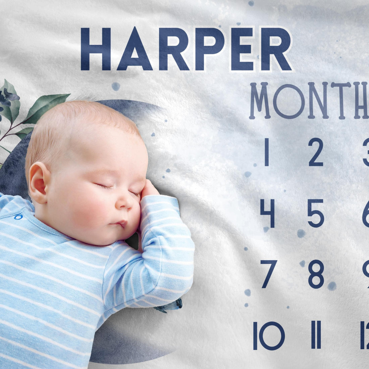 Personalized Moon & Stars Baby Milestone Blanket – Custom Name Monthly Tracker for Boys or Girls
