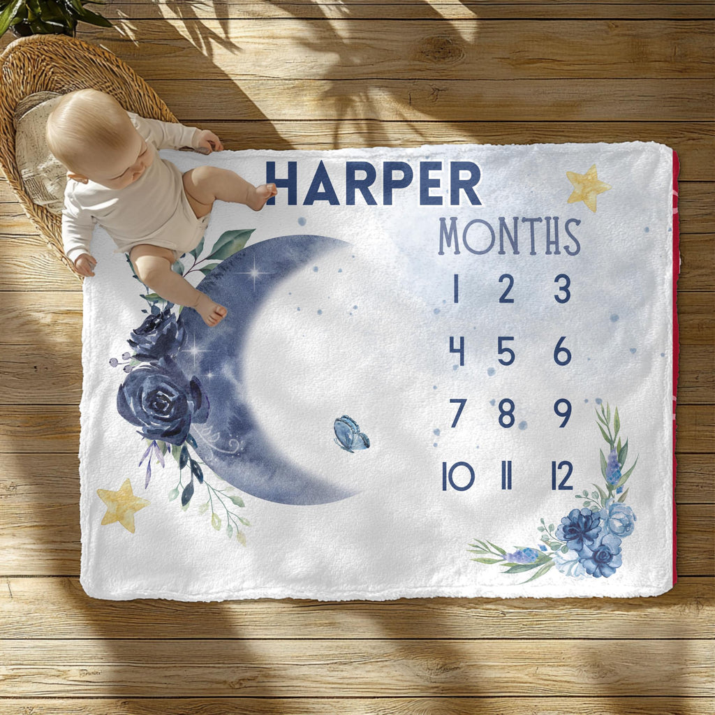 Personalized Moon & Stars Baby Milestone Blanket – Custom Name Monthly Tracker for Boys or Girls