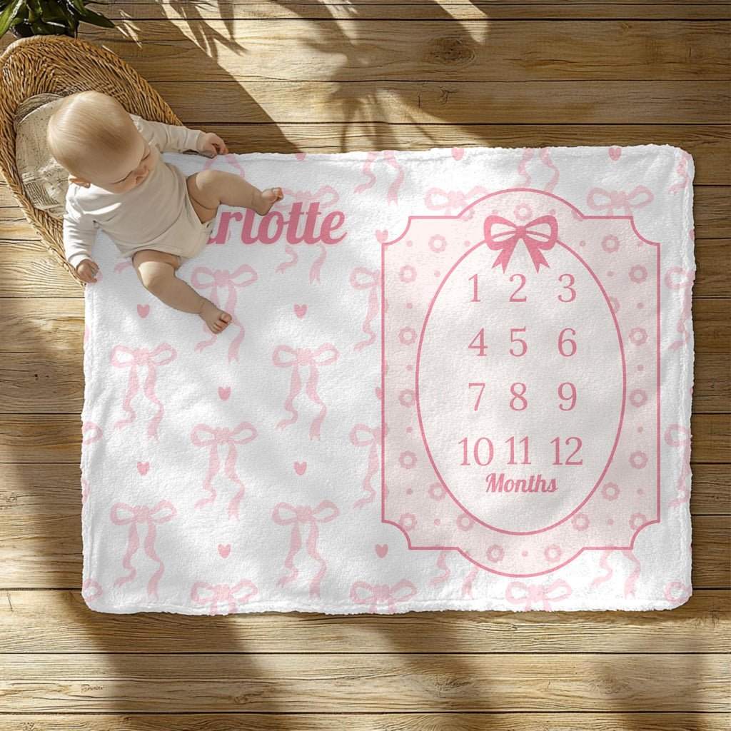 Coquette Baby Girl Milestone Blanket – Personalized Pink Bow Monthly Tracker, Soft Feminine Photo Prop