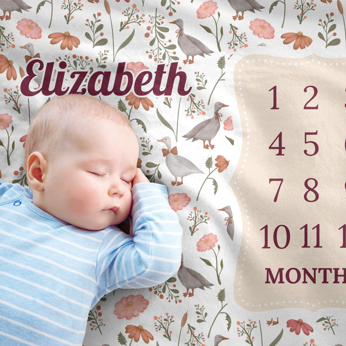 Goose & Wildflower Baby Milestone Blanket – Personalized Monthly Tracker for Girls