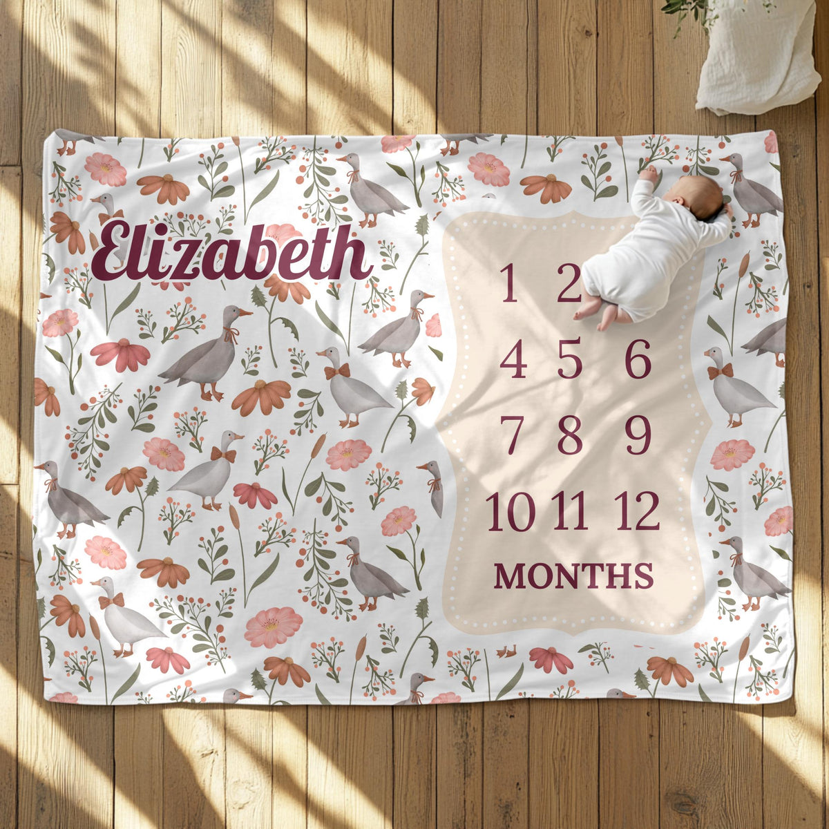 Goose & Wildflower Baby Milestone Blanket – Personalized Monthly Tracker for Girls