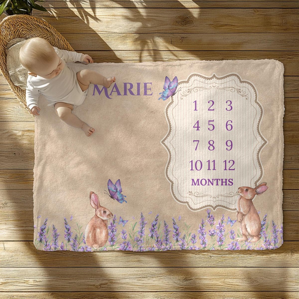 Personalized Baby Milestone Blanket: Cottagecore Bunny Floral Photo Prop