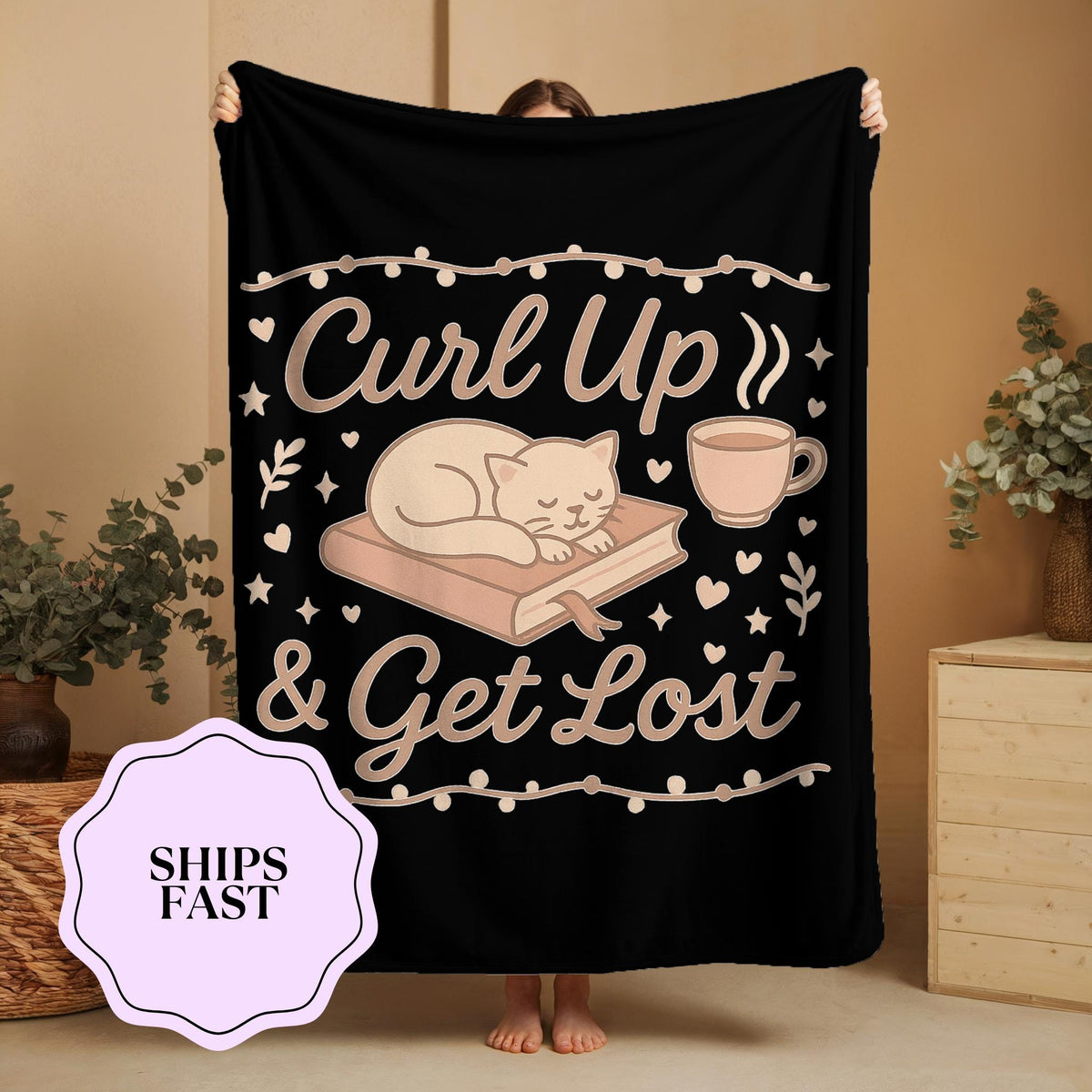 Cozy Cat & Book Fleece Blanket Gift for Readers