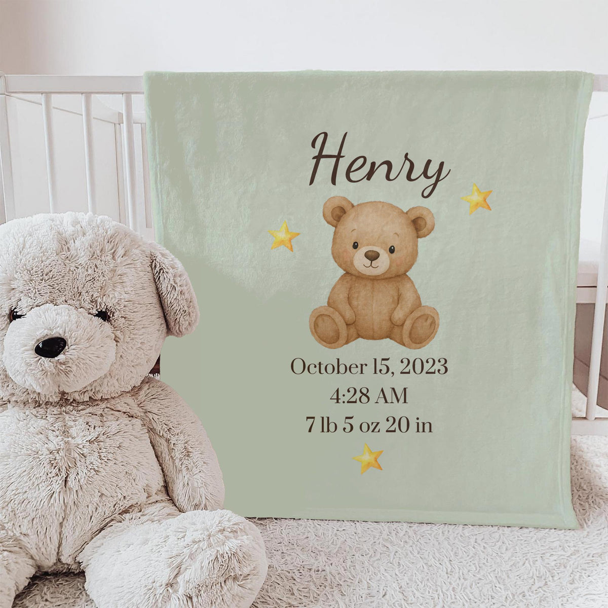 Personalized Teddy Bear Baby Blanket with Name & Birth Stats – Custom Newborn Gift