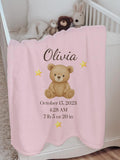 Personalized Teddy Bear Baby Blanket with Name & Birth Stats – Custom Newborn Gift