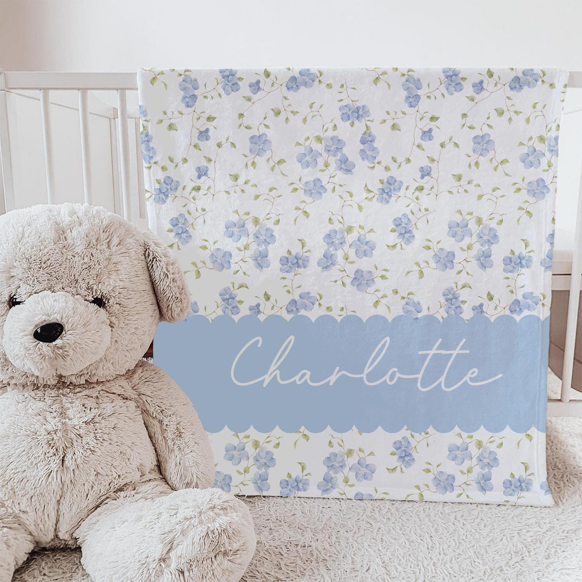 Personalized Cottagecore Floral Blanket: Blue Wildflower Girl's Name Blanket