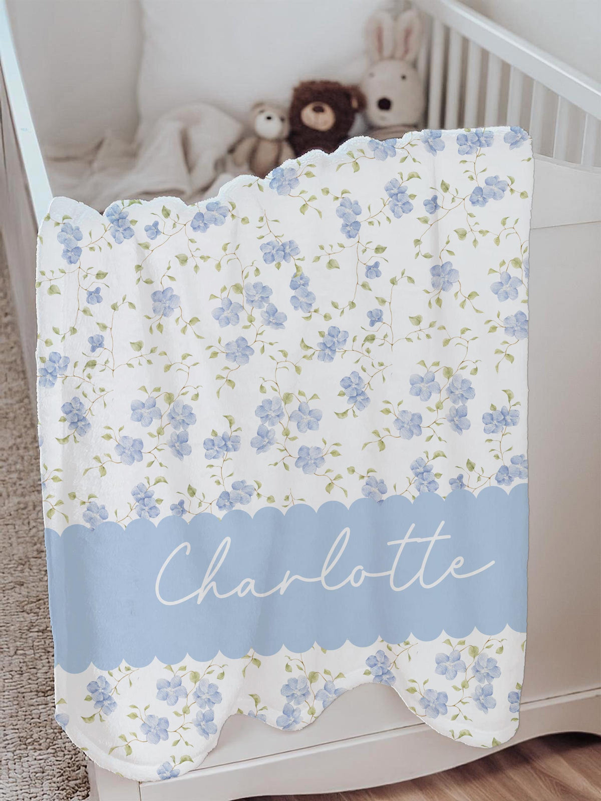 Personalized Cottagecore Floral Blanket: Blue Wildflower Girl's Name Blanket