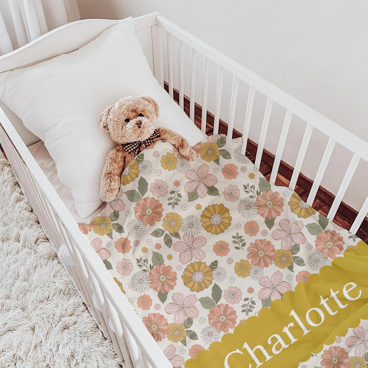 Personalized Retro Floral Blanket: Mustard & Pink Boho Decor