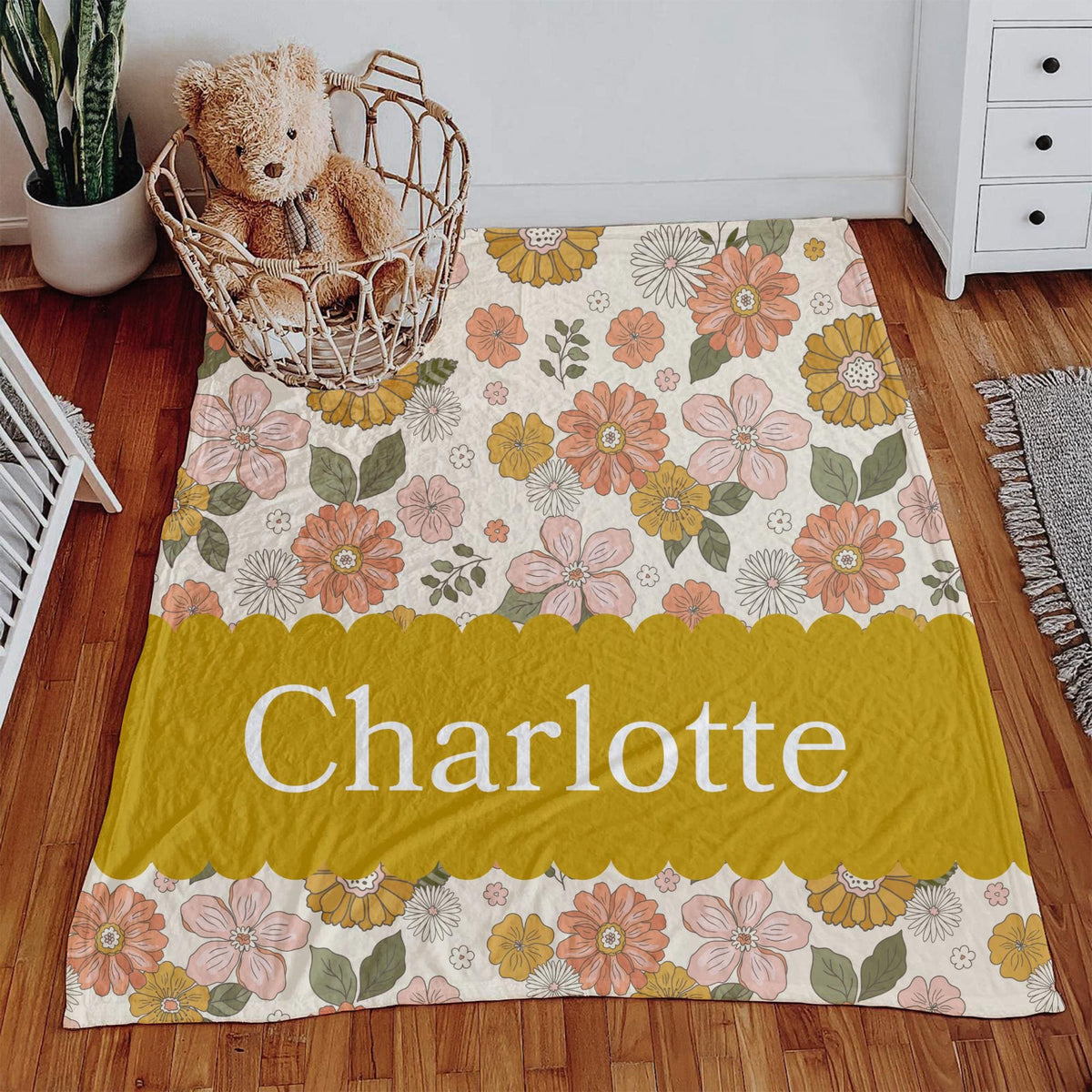 Personalized Retro Floral Blanket: Mustard & Pink Boho Decor