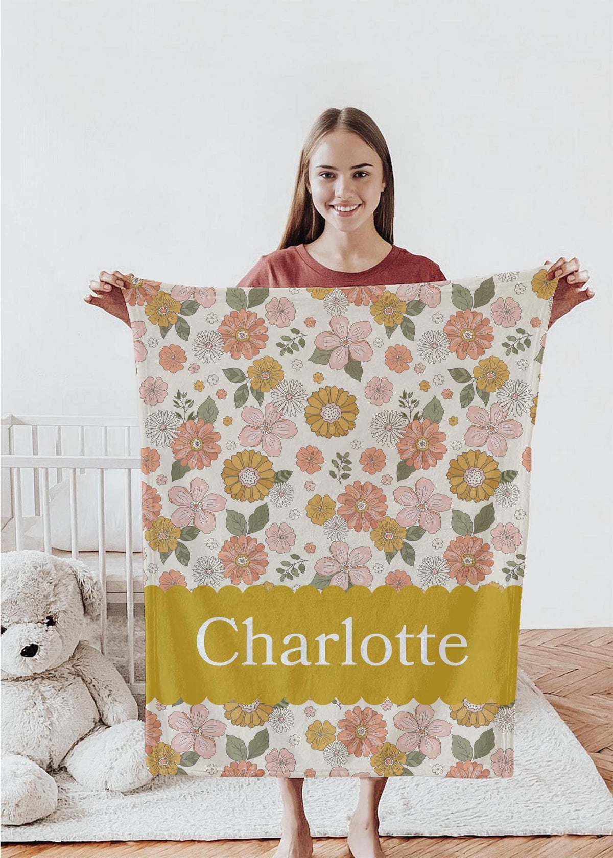 Personalized Retro Floral Blanket: Mustard & Pink Boho Decor