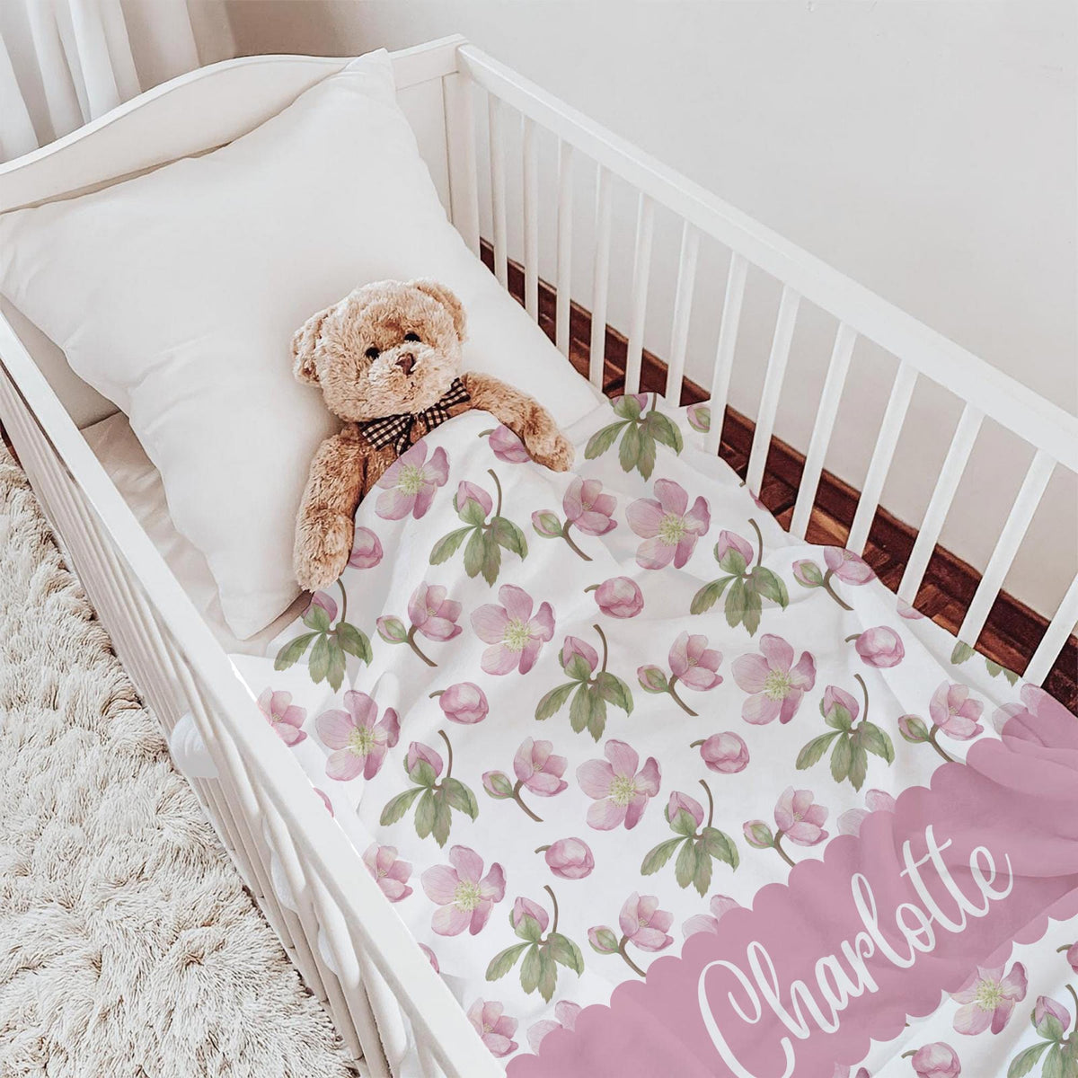 Personalized Cottagecore Floral Blanket: Blush Pink Flower Girl Name Blanket