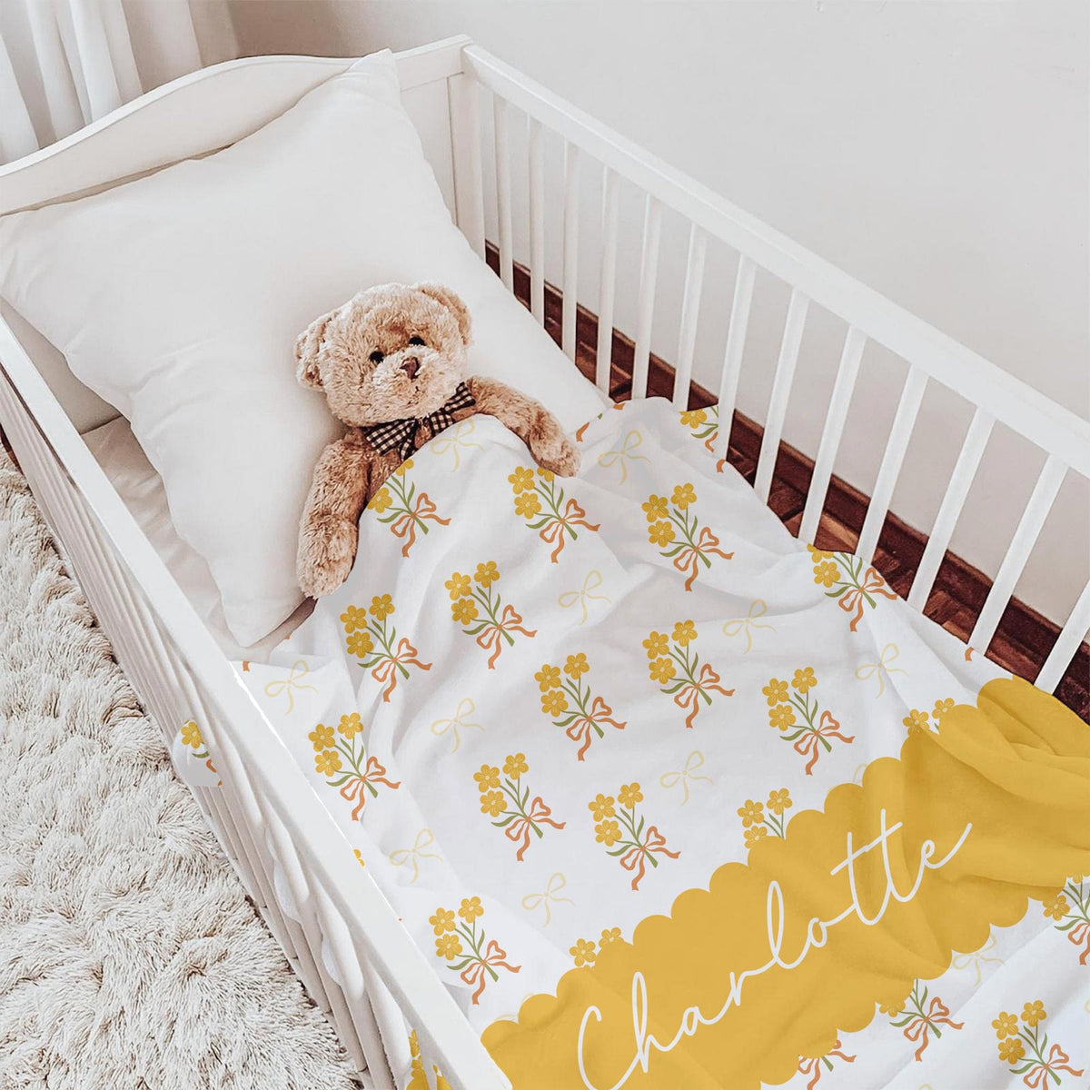 Personalized Baby Girl Blanket: Yellow Floral Bows, Plush Fleece