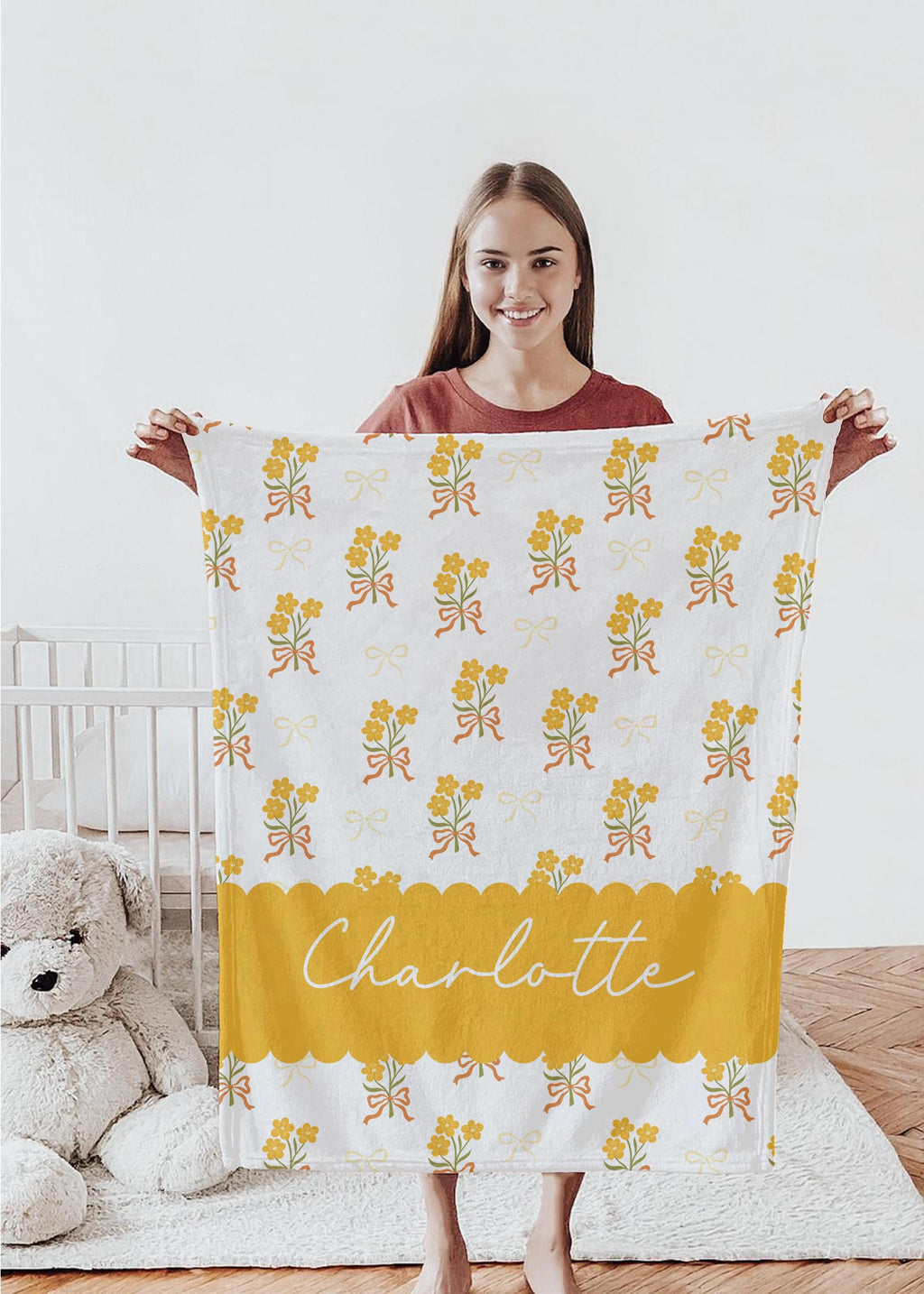 Personalized Baby Girl Blanket: Yellow Floral Bows, Plush Fleece