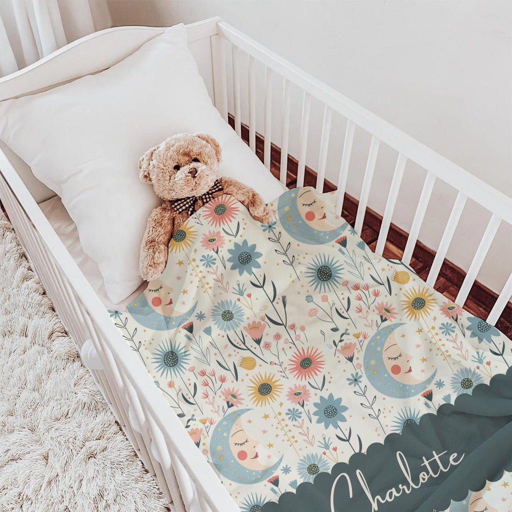 Personalized Moon & Floral Baby Blanket: Soft Fleece Nursery Throw