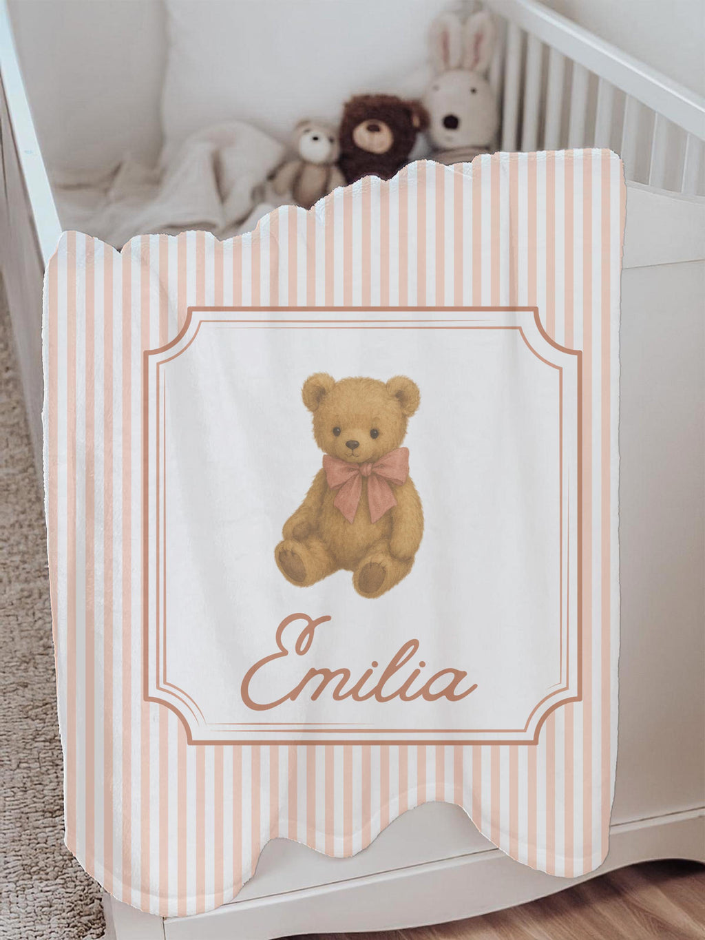 Personalized Baby Blanket: Vintage Teddy Bear, Pink Bow, Soft Fleece