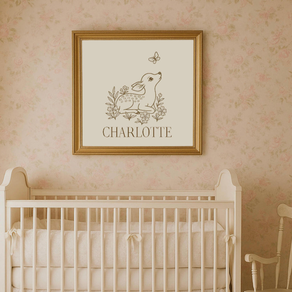 Personalized Vintage Deer Nursery Wall Art – Custom Name Print for Baby Girl Room