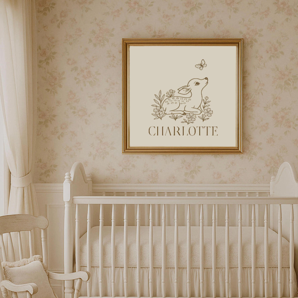 Personalized Vintage Deer Nursery Wall Art – Custom Name Print for Baby Girl Room