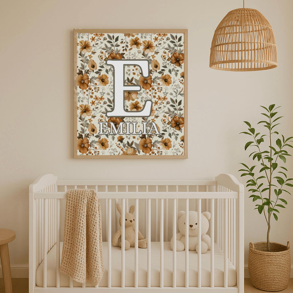 Personalized Floral Nursery Wall Art – Custom Name Initial Print for Baby Girl Room