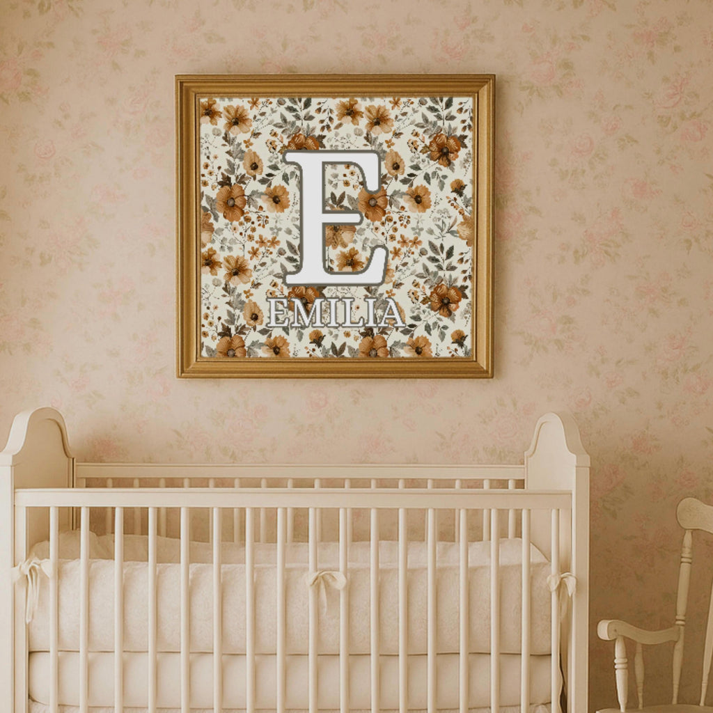 Personalized Floral Nursery Wall Art – Custom Name Initial Print for Baby Girl Room