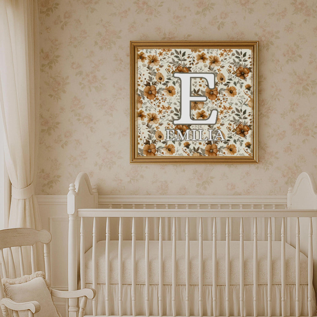 Personalized Floral Nursery Wall Art – Custom Name Initial Print for Baby Girl Room