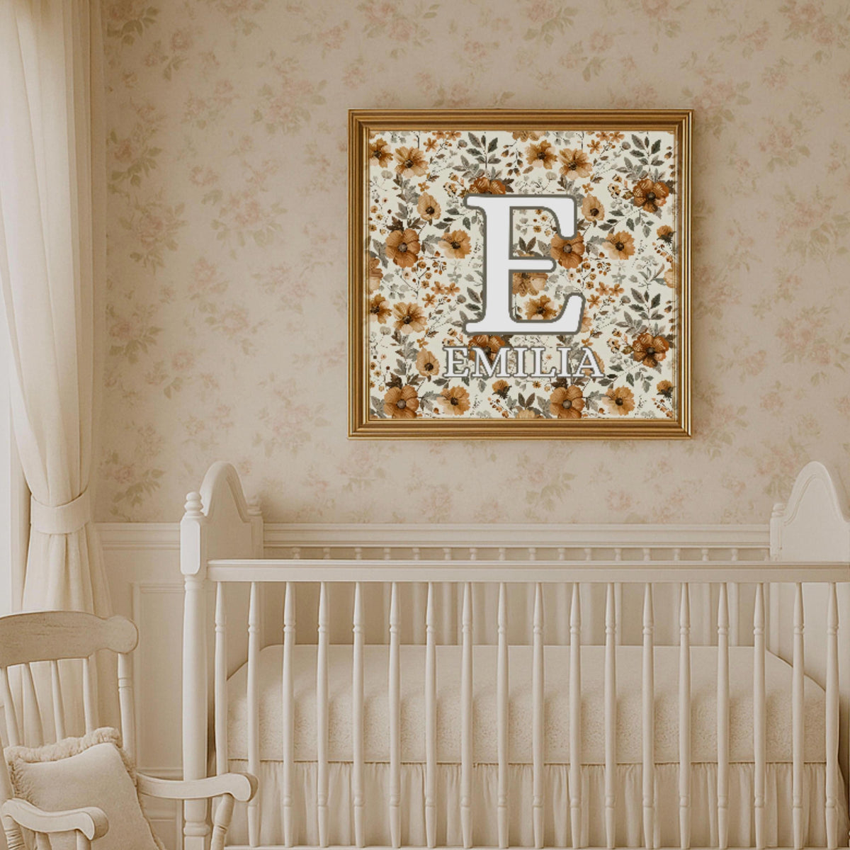 Personalized Floral Nursery Wall Art – Custom Name Initial Print for Baby Girl Room