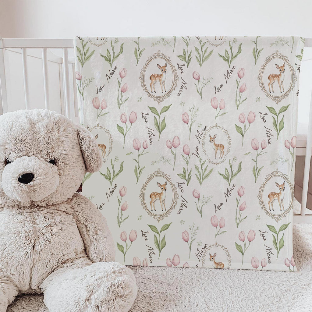 Personalized Woodland Deer Baby Blanket – Pink Tulip Floral Nursery Blanket with Custom Name