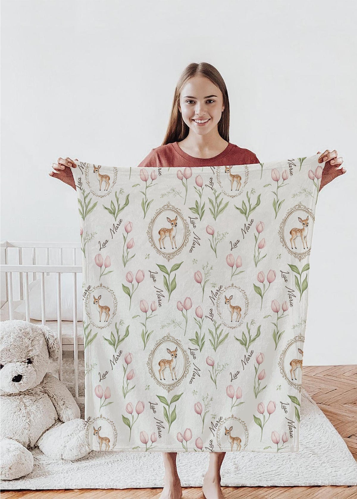 Personalized Woodland Deer Baby Blanket – Pink Tulip Floral Nursery Blanket with Custom Name