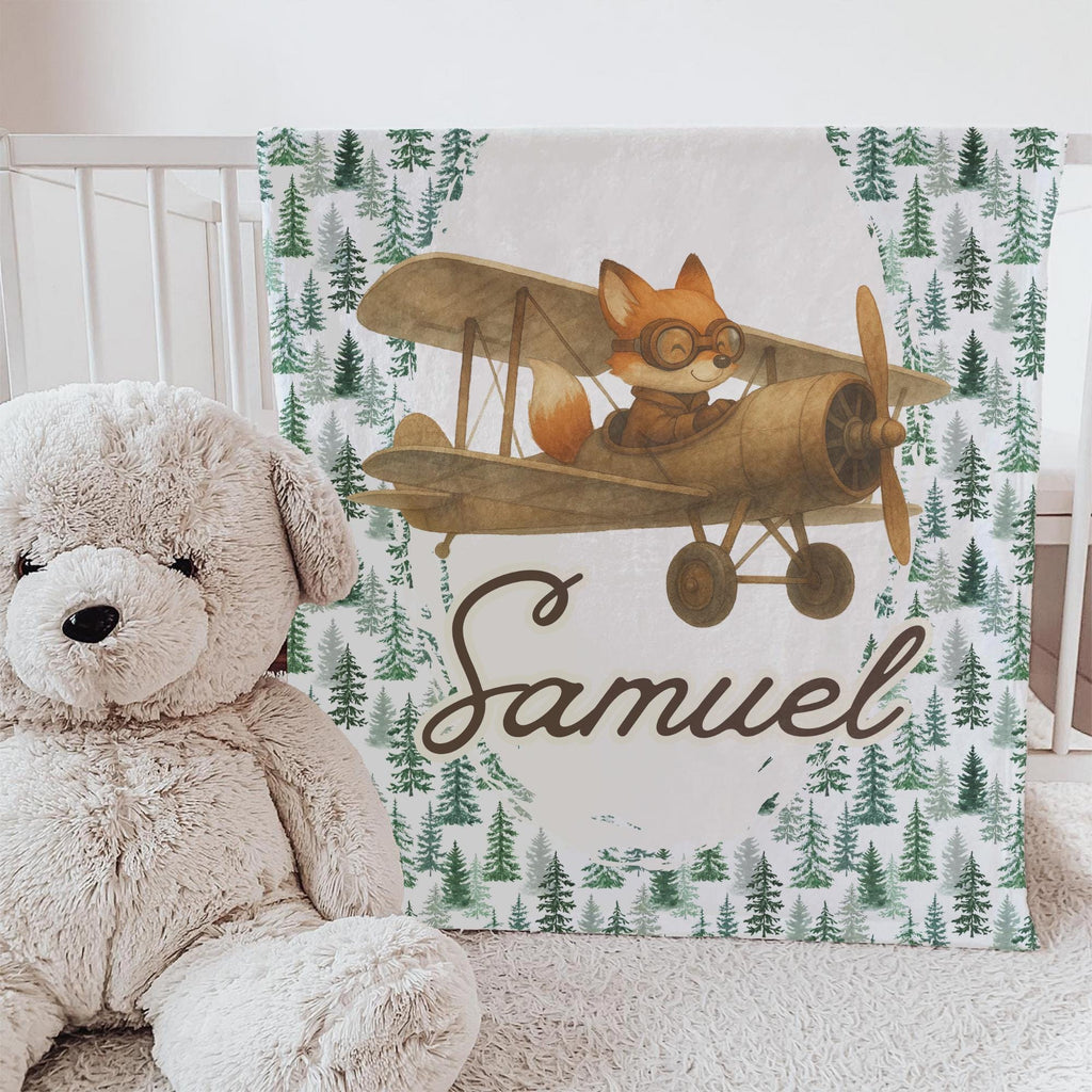 Personalized Woodland Fox Airplane Baby Blanket – Custom Name Blanket for Boys