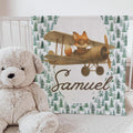 Personalized Woodland Fox Airplane Baby Blanket – Custom Name Blanket for Boys