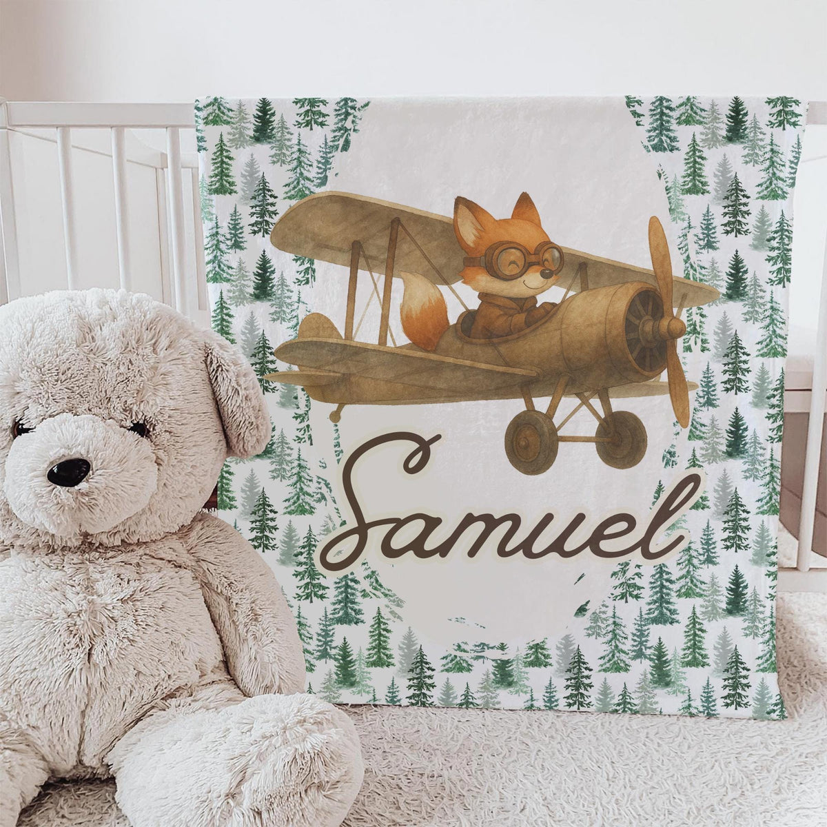 Personalized Woodland Fox Airplane Baby Blanket – Custom Name Blanket for Boys