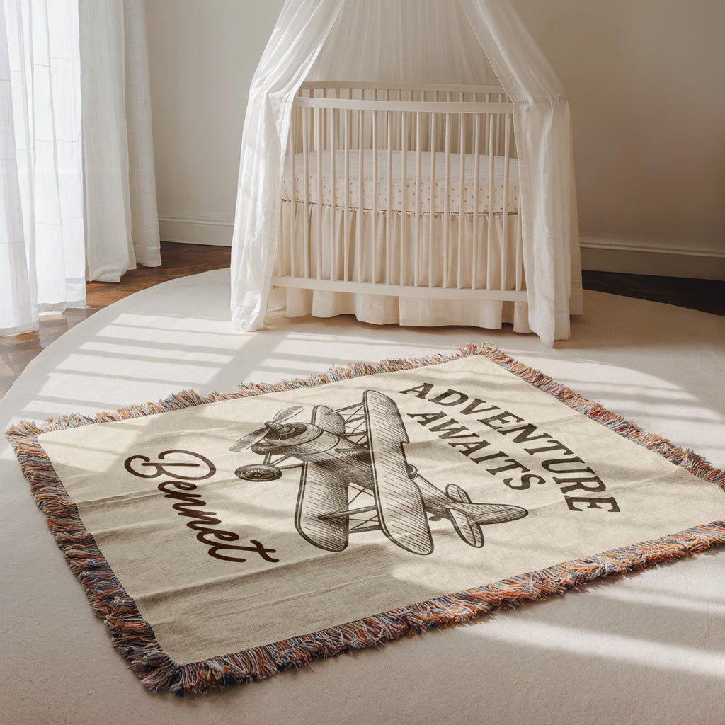 Personalized  Airplane Baby Blanket – Custom Vintage Plane Nursery Throw for Boys