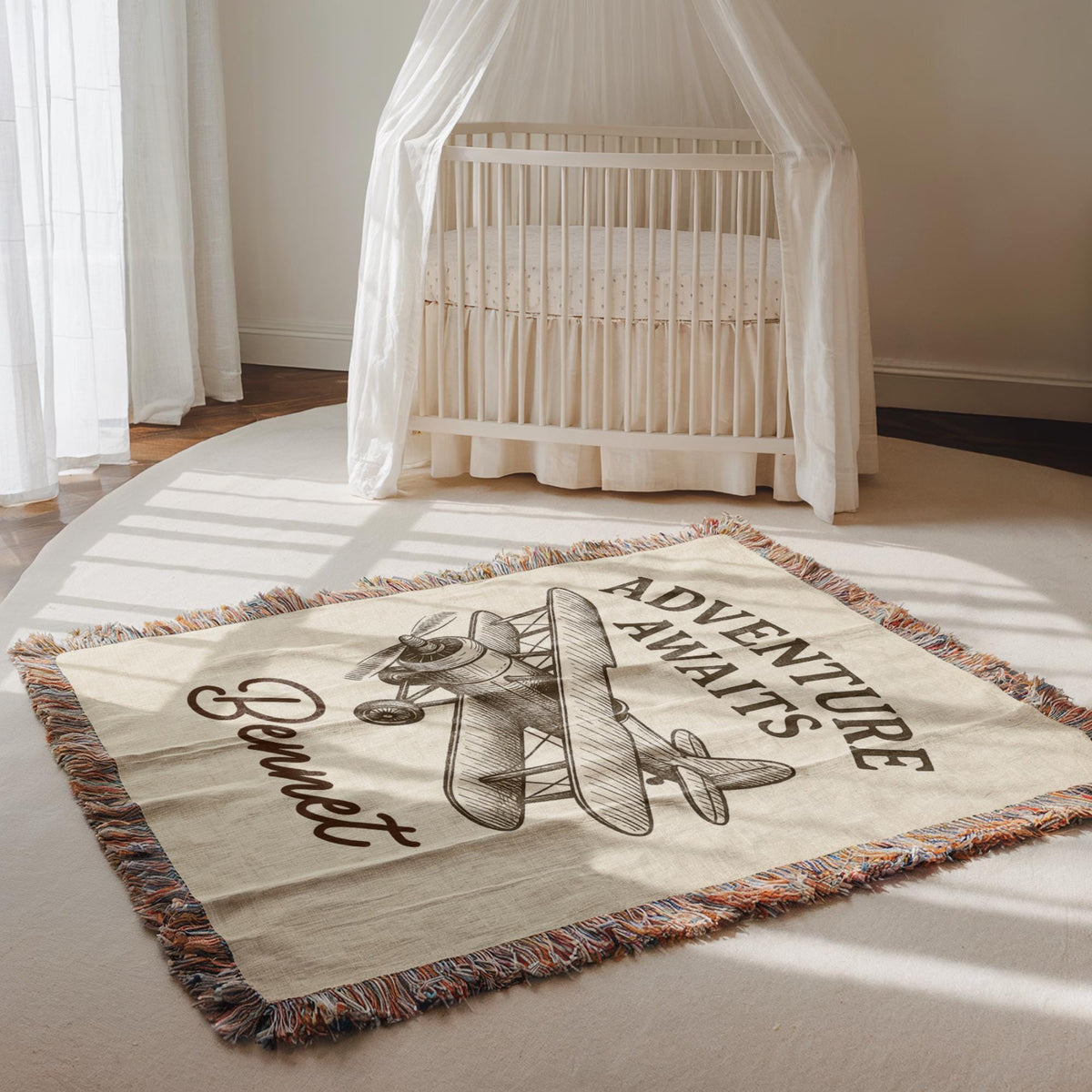 Personalized Adventure Awaits Airplane Baby Blanket – Custom Vintage Plane Nursery Throw for Boys